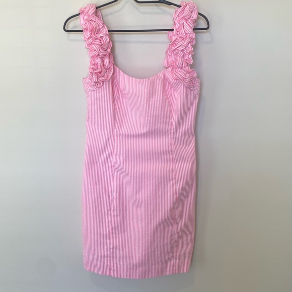 Lilly Pulitzer Dresses & Skirts - Lilly Pulitzer Pink & White Stripe Seersucker Dress With Ruffle Straps Size 4